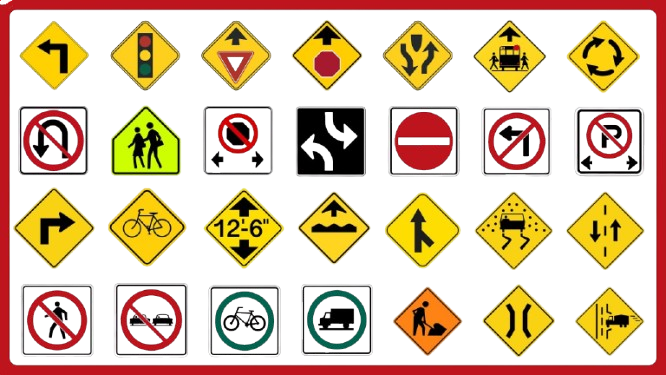 A steering wheel with road signs in the background